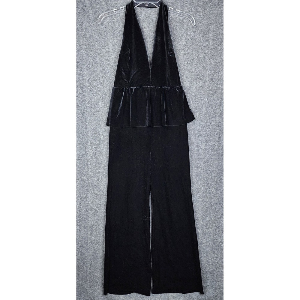 Bec & Bridge Jumpsuit Women Size 2 Black Velvet Peplum Halter Deep V S16B-JS6084